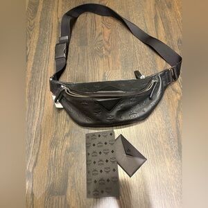 MCM Black Leather Logo-Embossed Belt Bag waist bag Fanny pack bum bag women men